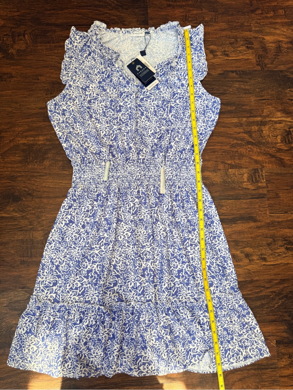 Cabana Life Lake Como Smocked Waist Sleeveless Blue Floral UPF 50 Dress Sz L NWT - Picture 14 of 15